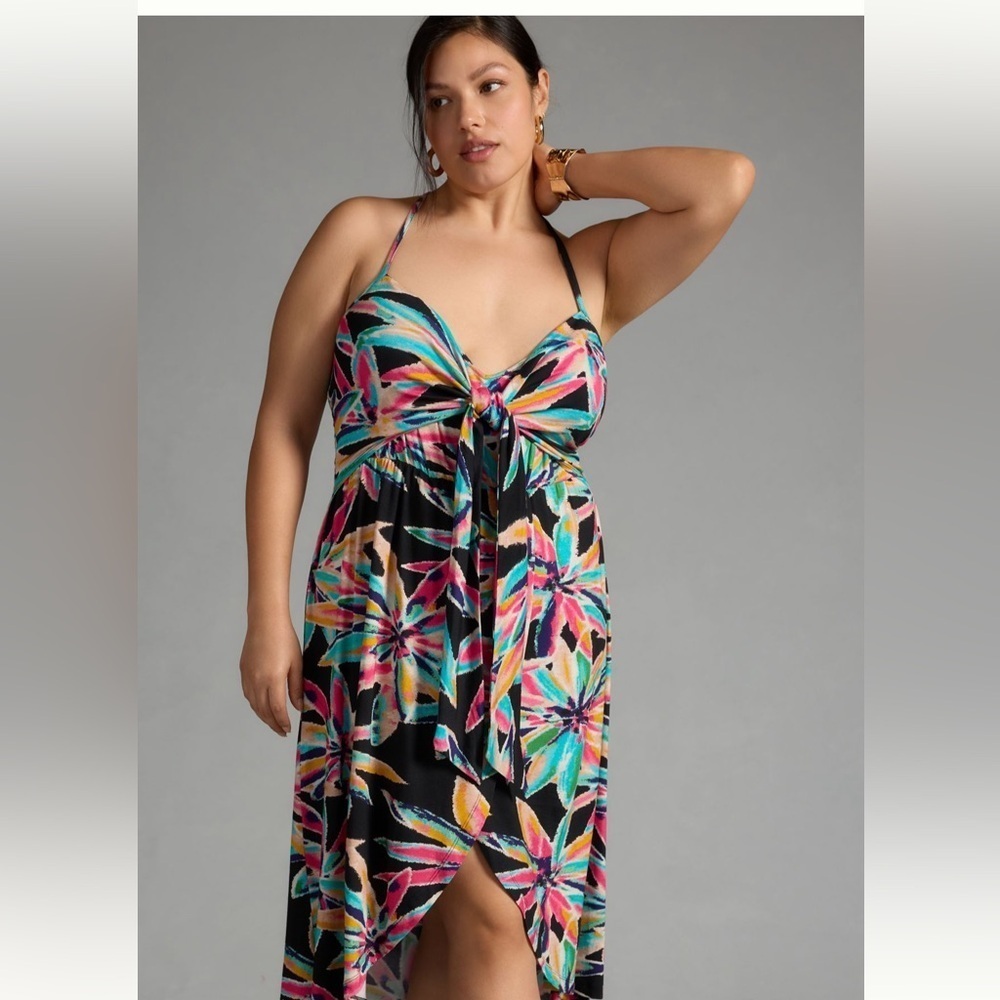 BY ANTHROPOLOGIE TWIST FRONT COVER UP DRESS WOMENS SIZE XL BLACK FLORAL